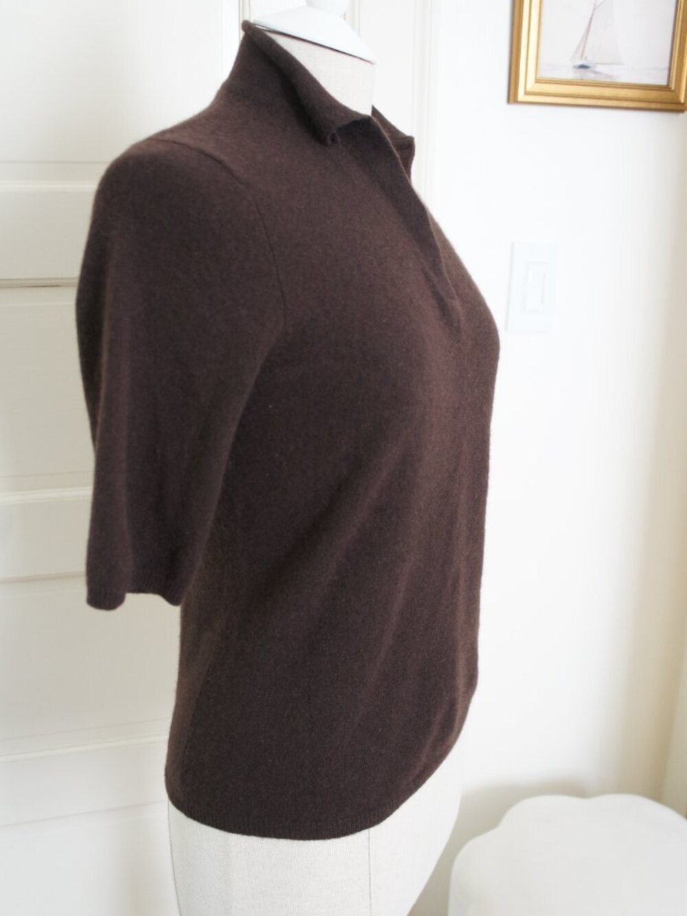Vintage 90s 100% Cashmere Dark Brown V-Neck Polo Sweater Shirt Size Small - Picture 9 of 11